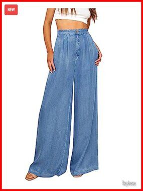 High Waisted Wide Leg Palazzo Jeans Tencel Flowy Beach Pants